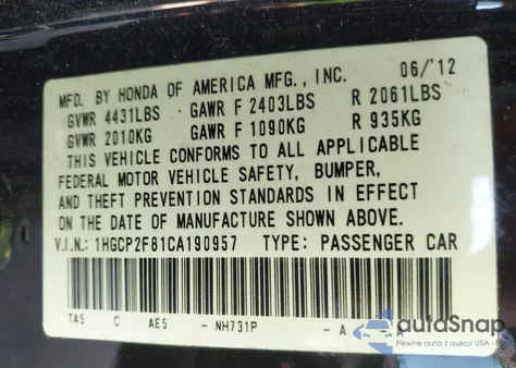 2012 Honda Accord 2.4 Ex-L z USA, uszkodzony, nr VIN 1HGCP2F81CA190957